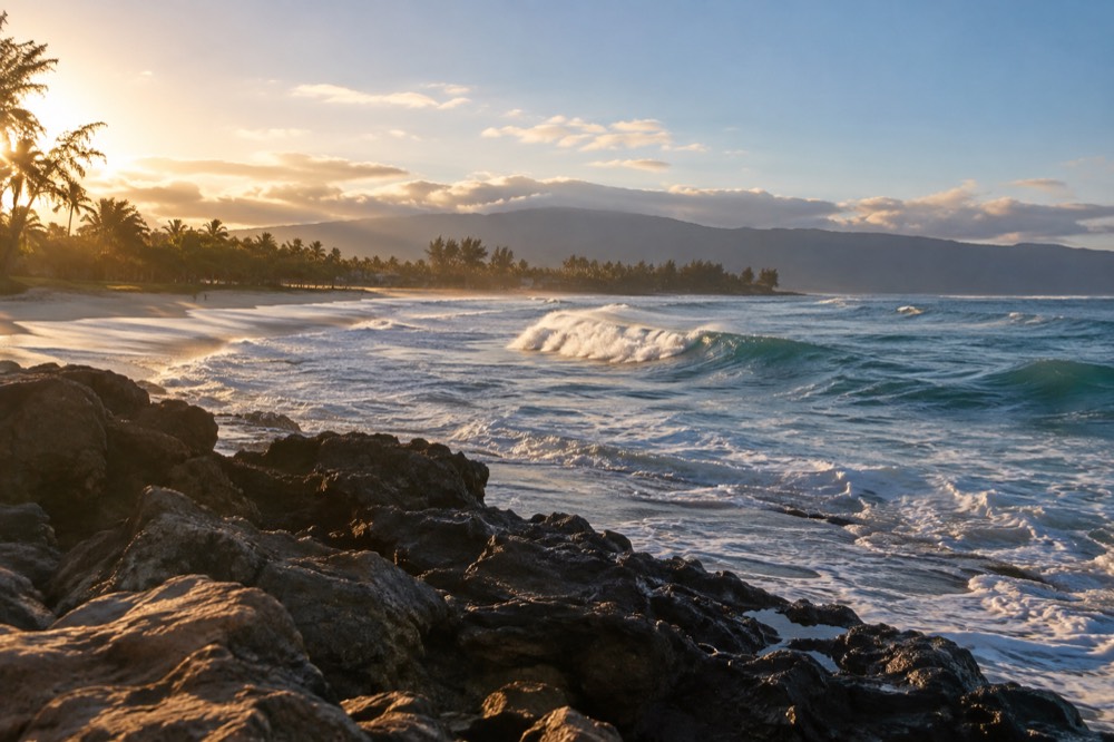 Ocean waves breaking along the tree-lined North Shore coastline of Oahu on a clear morning