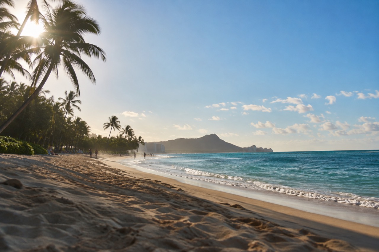 A wide sandy beach on Oahu with turquoise water and palm trees under a clear sky