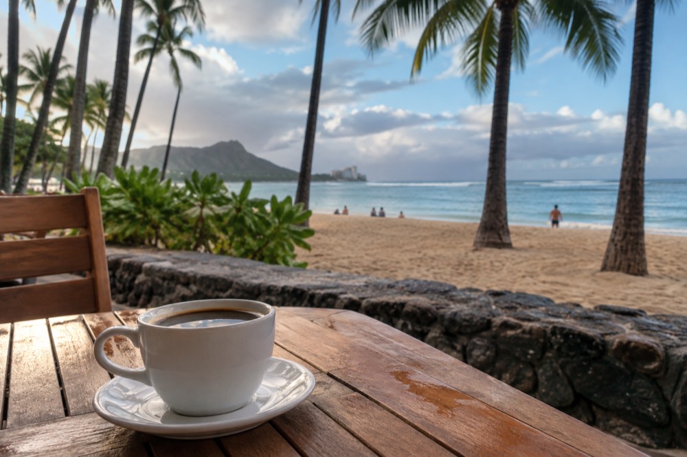 A cup of coffee on a wooden table with palm trees and ocean in the background