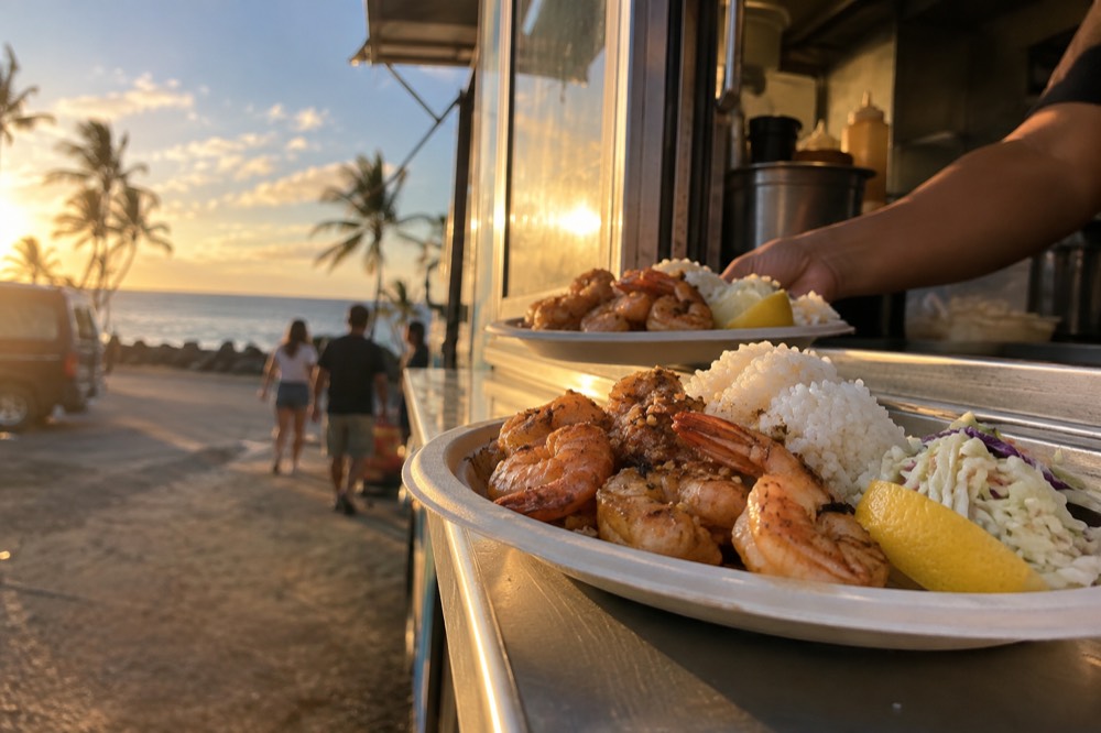 Garlic shrimp plates and rice being served from a North Shore food truck window