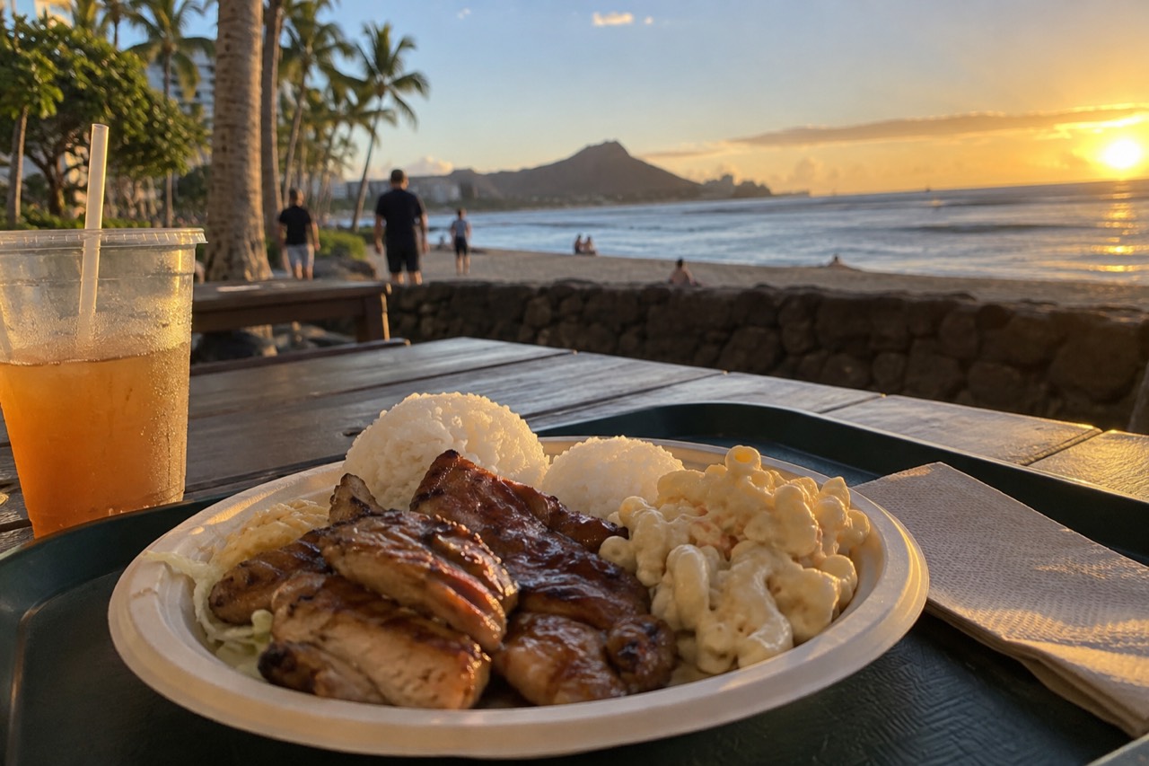 A plate lunch with rice, macaroni salad and grilled protein served on a cafeteria tray at an Oahu eatery
