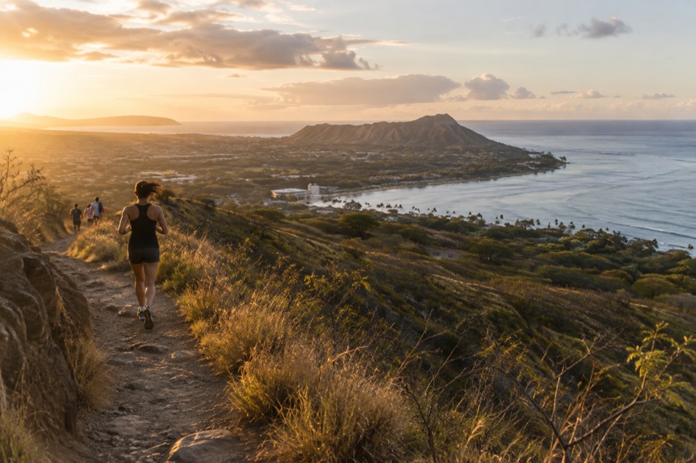 A wide view of a volcanic crater and coastal plain on Oahu seen from a hilltop trail