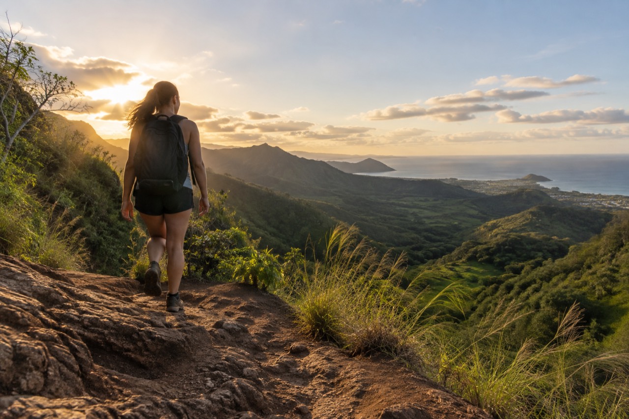 A hiker on a ridge trail above a green valley on the island of Oahu in Hawaii