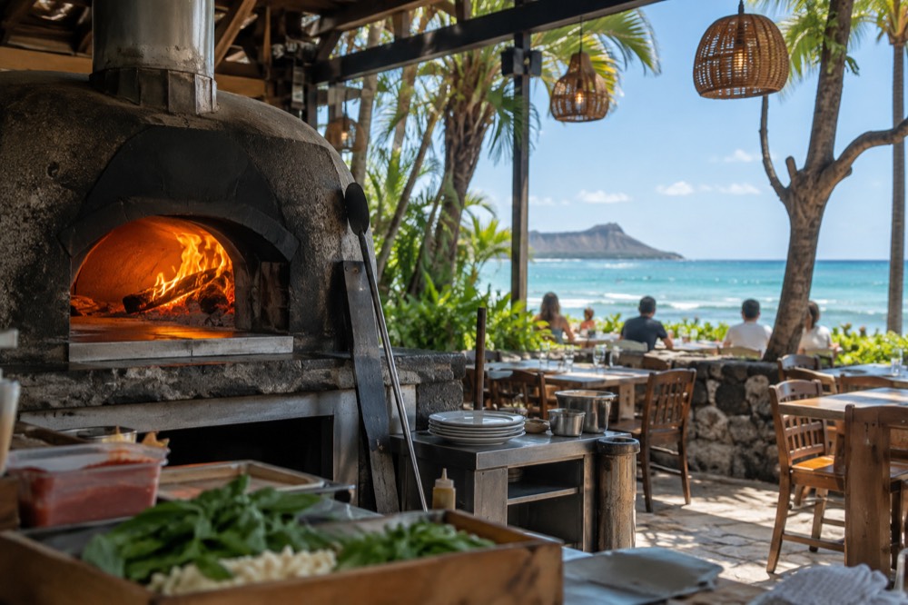 A wood-fired pizza oven glowing inside a small open-air restaurant on Oahu