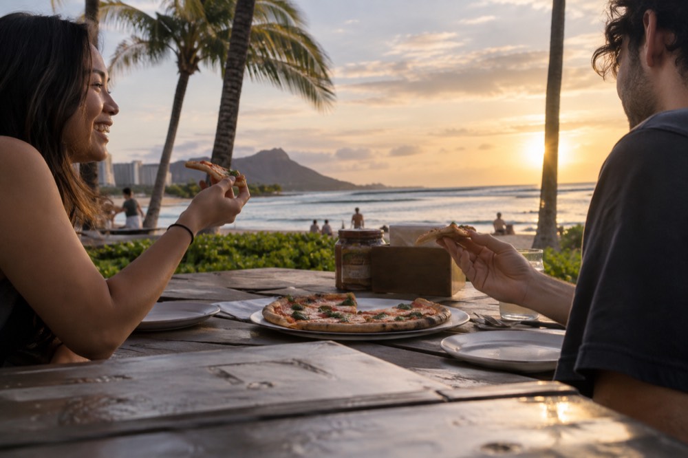 Two people sharing a pizza at an outdoor table near a beach in Hawaii at golden hour