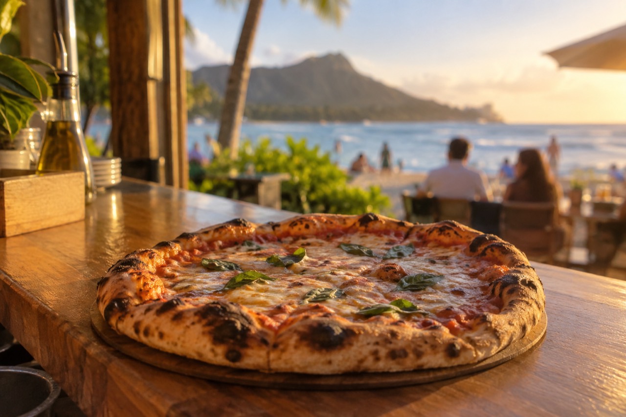 A whole pizza with a blistered crust resting on a wooden counter in an open-air Oahu restaurant