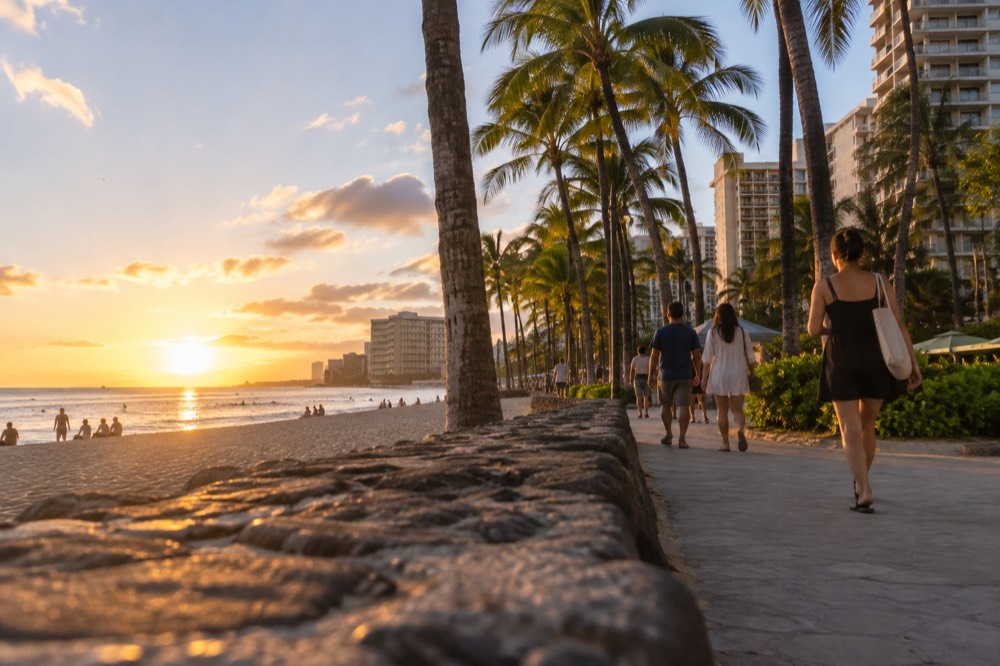Visitors walking along the Waikiki beachfront path with hotels and palm trees behind them