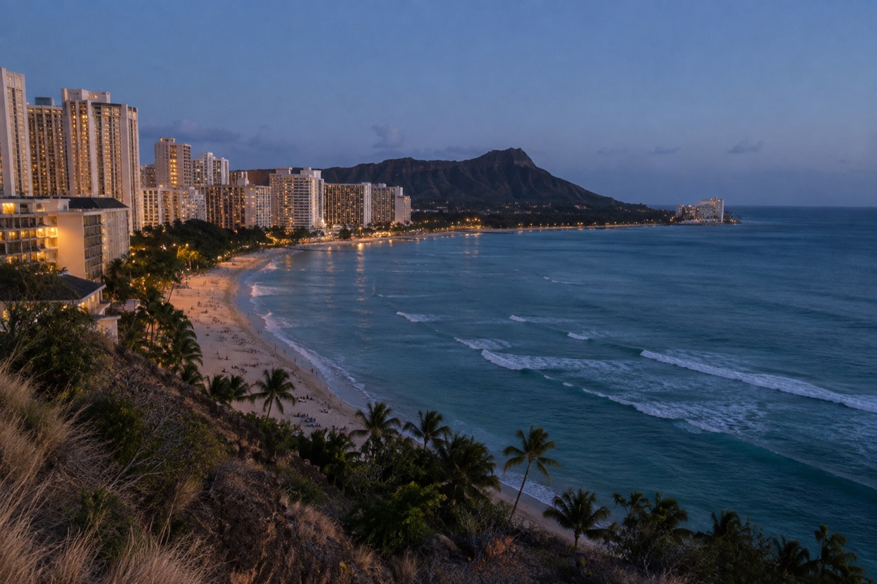 Waikiki Beach with sunbathers and the Diamond Head crater in the distance under a clear sky