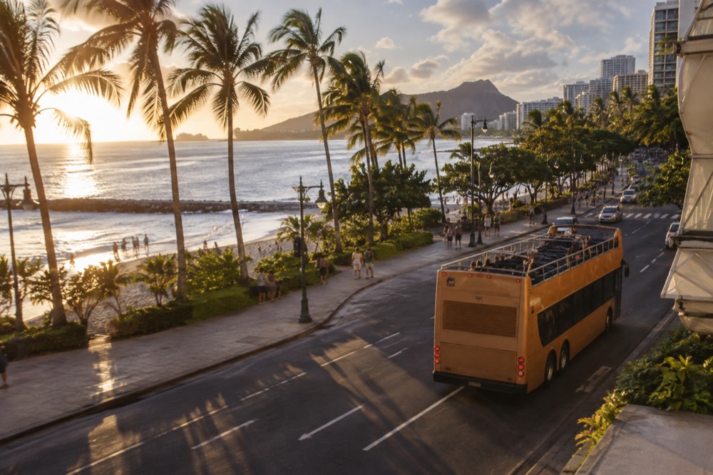 A double-decker hop-on hop-off trolley passing a palm-lined street in Waikiki