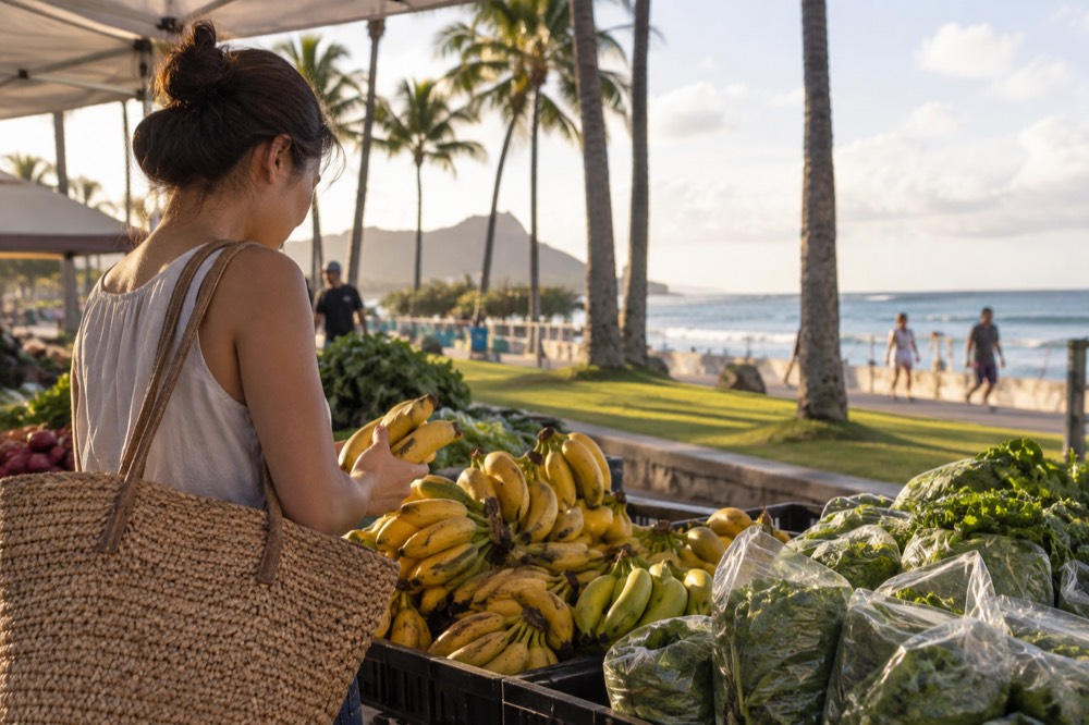 A shopper choosing between bunches of apple bananas and bags of greens at an outdoor market table in morning light