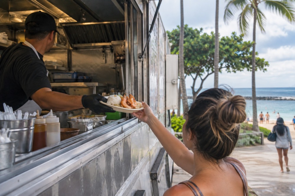 A food truck window with a cook passing a plate of garlic shrimp over the counter to a customer