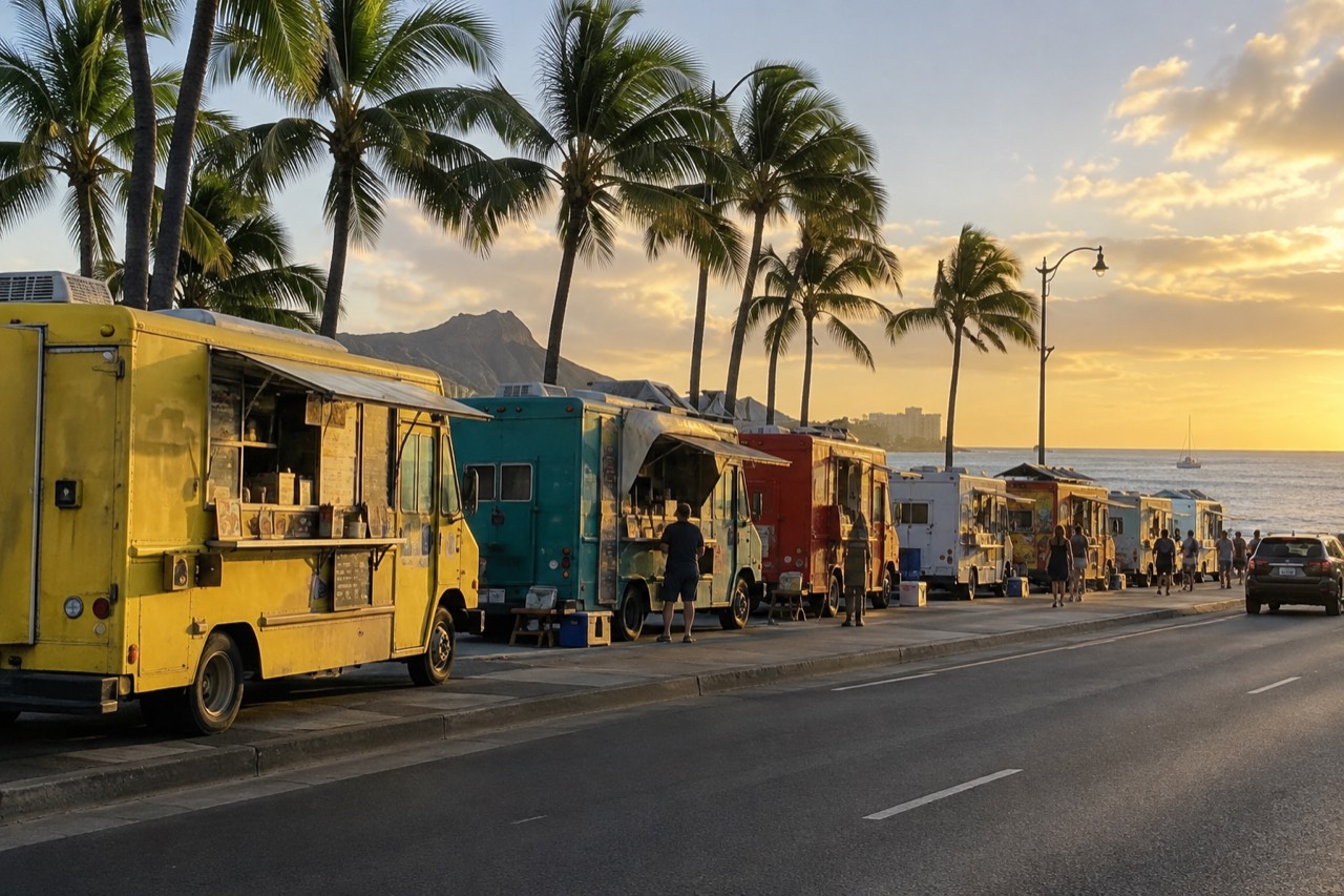 A row of colorful food trucks parked under palm trees beside a coastal highway on Oahu