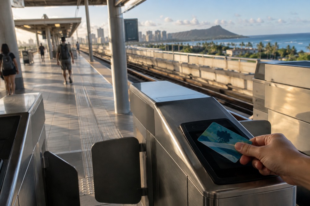 A HOLO card being tapped at a rail station fare gate with an elevated platform behind it
