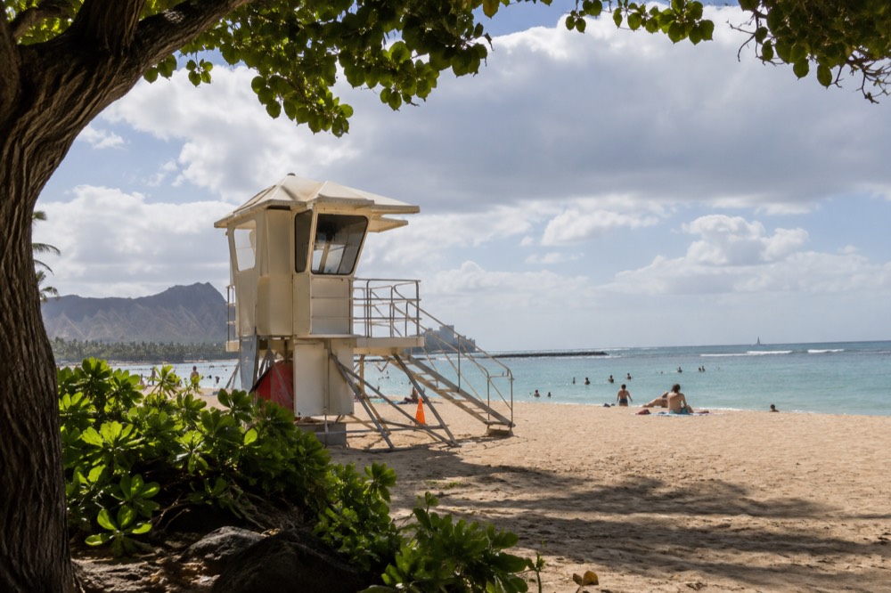 A lifeguard station on an Oahu beach with warning signs facing the ocean
