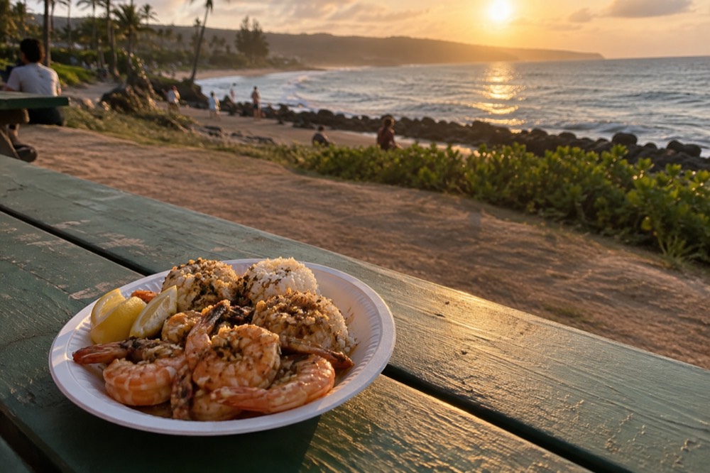 A paper plate of garlic butter shrimp with rice and lemon wedges on a picnic table
