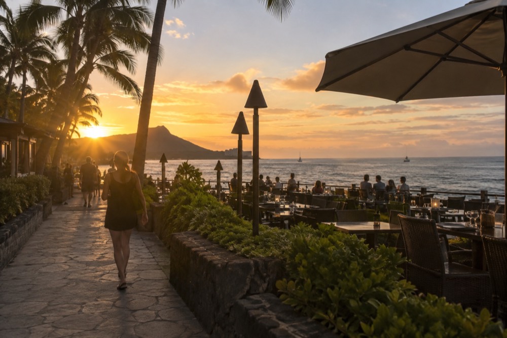 Sunset over calm leeward-coast water with an open-air dining area along the shoreline