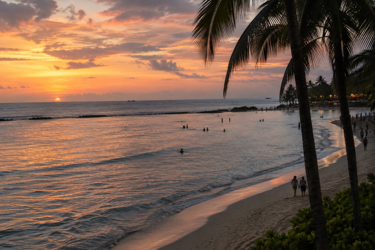 Waikiki beachfront lights reflecting on calm water at dusk with palm trees along the shore