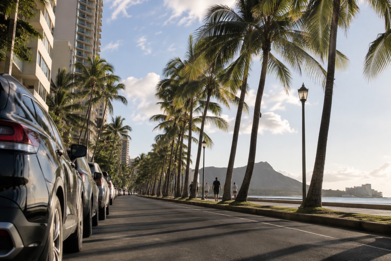 A line of parked cars beneath palm trees along a sunny Honolulu street with a crater in the distance