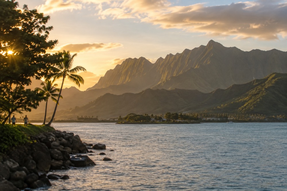 Sunrise light on the Koʻolau mountain range above Kāneʻohe Bay