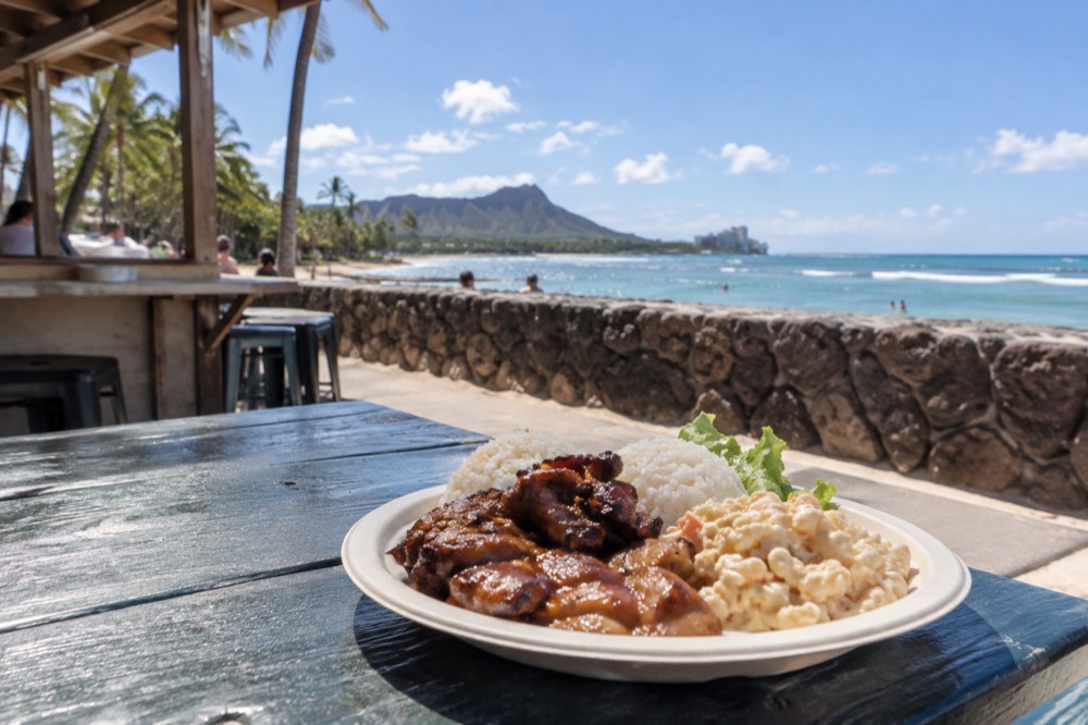 A plate lunch with rice and macaroni salad on a table at an open-air food counter