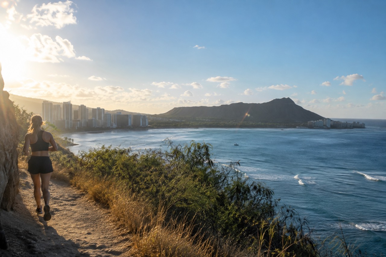 Waikiki Beach and Diamond Head crater seen from the water on a clear morning