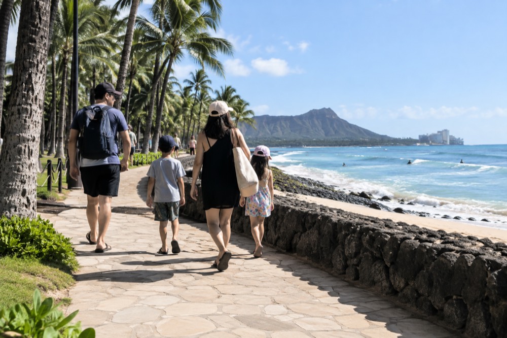 A family walking a paved coastal path with palm trees along the shoreline