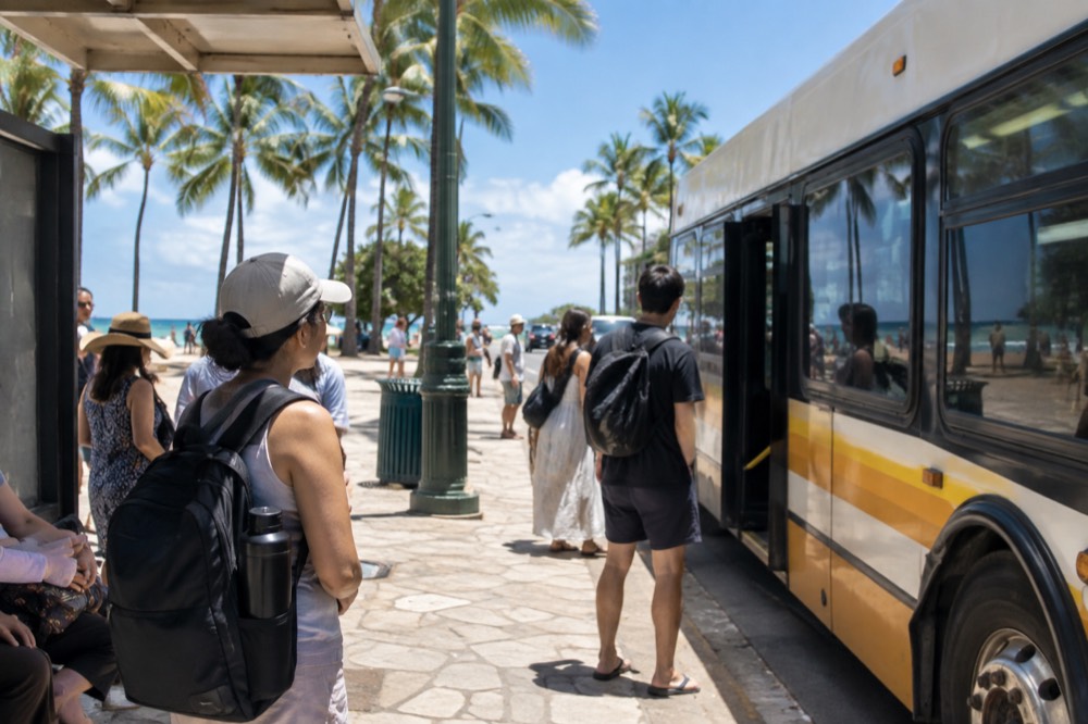 Passengers waiting at a bus stop with a route sign near the Honolulu waterfront