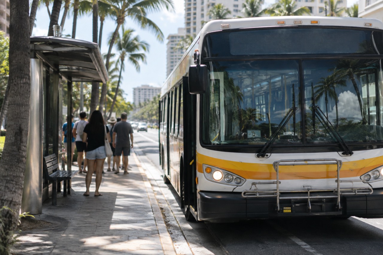 A city bus at a stop along a palm-lined Honolulu street