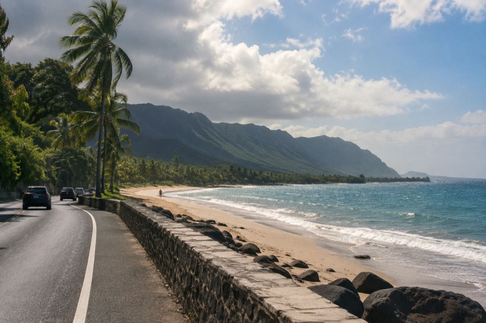 A coastal road on Oahu with mountains rising behind a quiet beach