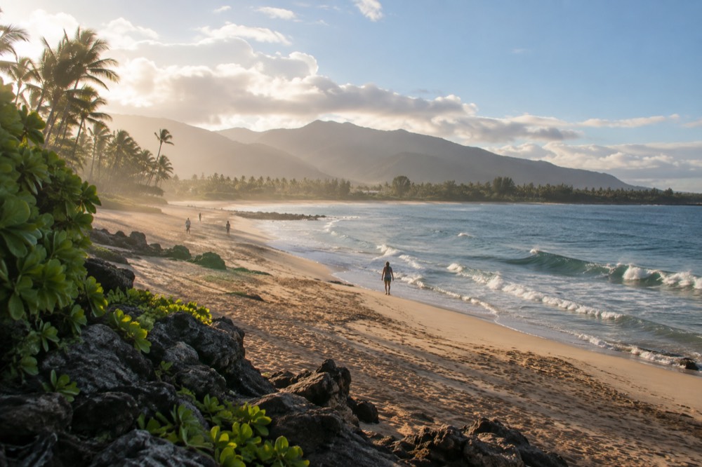 A quiet North Shore beach with wide sand and distant mountains
