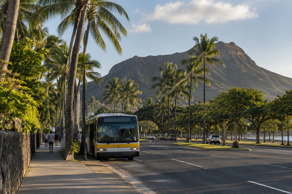A Honolulu city bus stopped on a palm-lined street with Diamond Head rising in the background