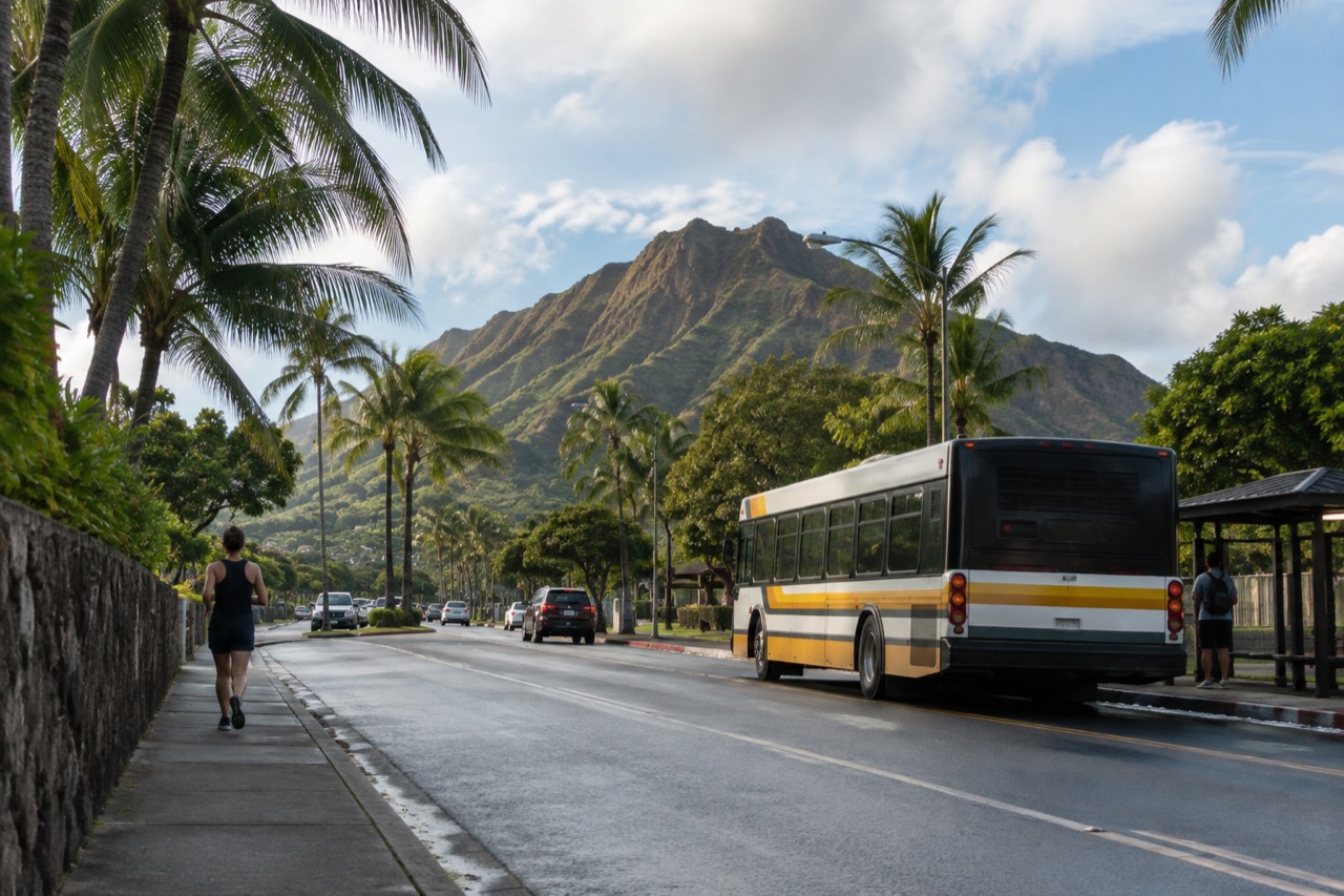 A Honolulu city bus stopped on a palm-lined street with Diamond Head rising in the background