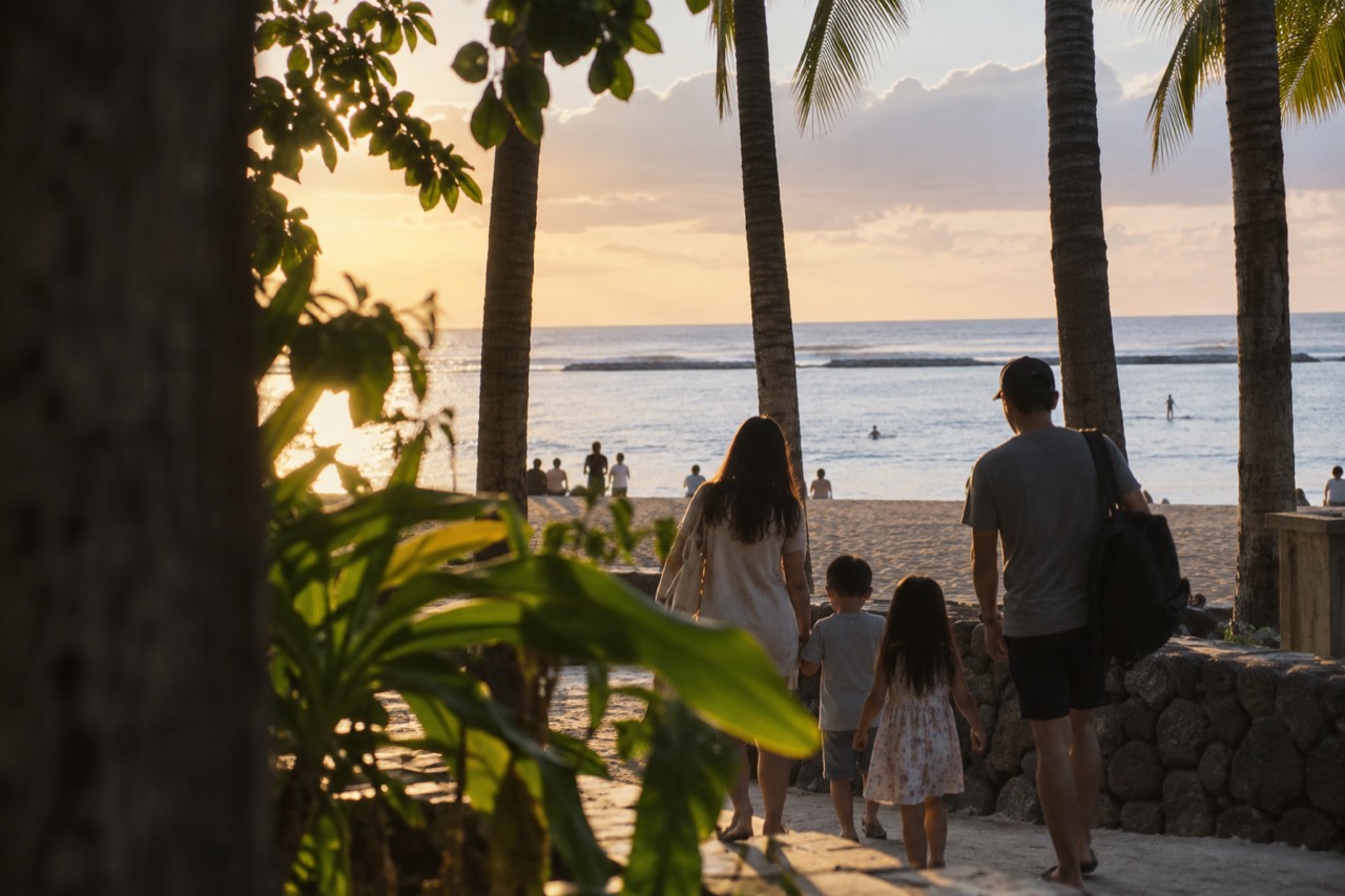 A family walking along a palm-lined beach path in Waikiki toward calm morning water