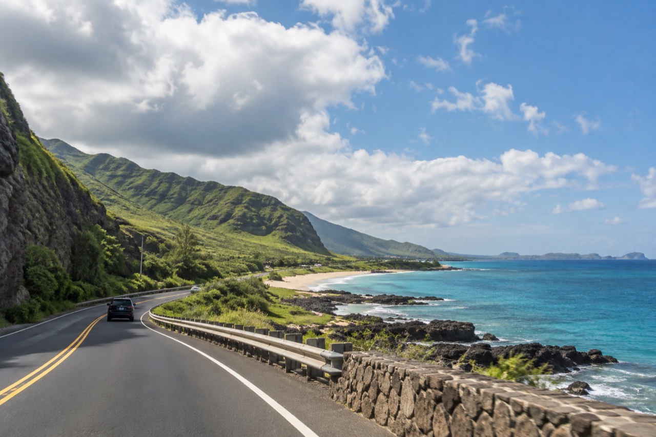 A coastal highway on Oahu winding past green mountains toward the ocean