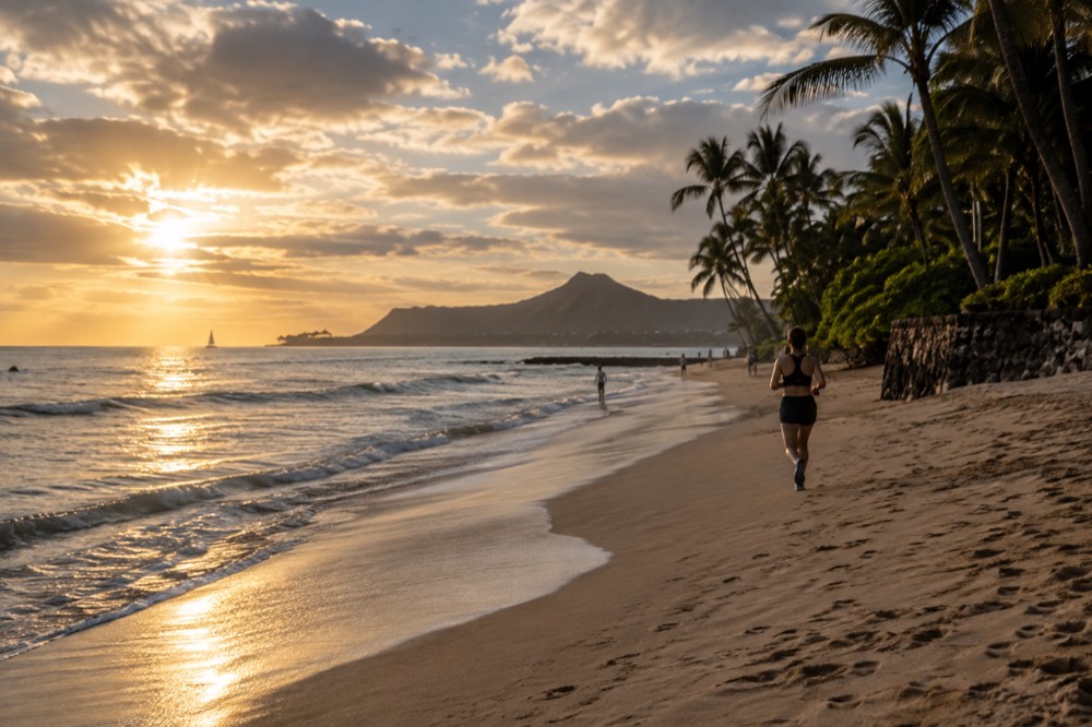 A quiet Oahu beach at golden hour with gentle waves reaching the sand