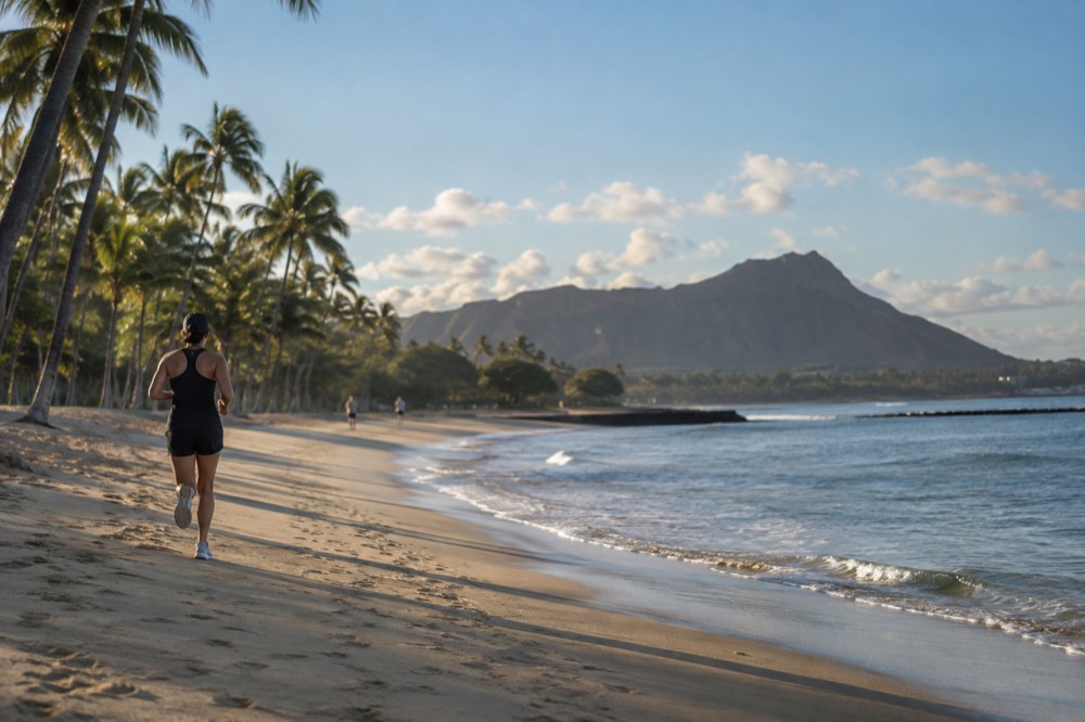 A calm Oahu beach in morning light with palm trees along the shore