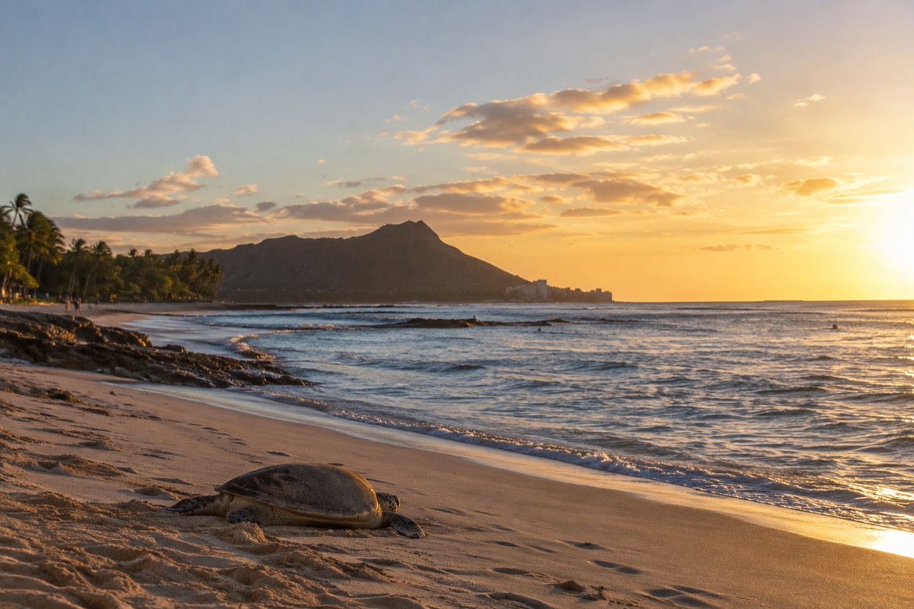 A quiet Oahu beach at golden hour with distant hills along the coastline